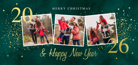 Kerstkaart panorama fotocollage groen luxe goudfolie