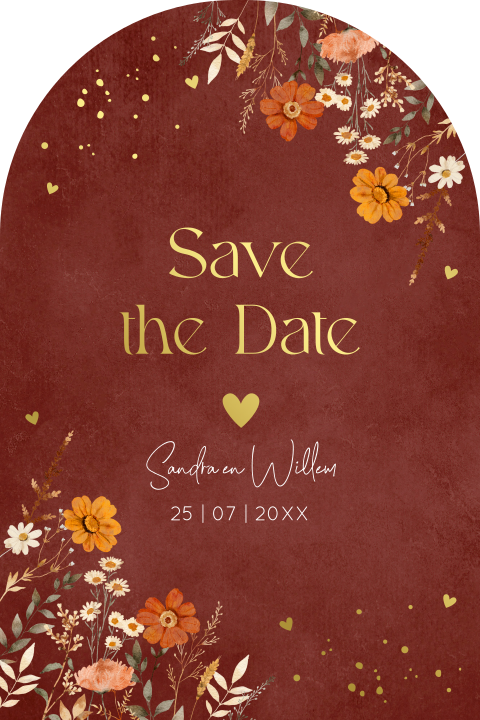 Save the Date kaart rood bruin boog bloemen goudfolie