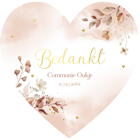 Bedankkaart communie meisje vorm hartje bloemen roze goudfolie