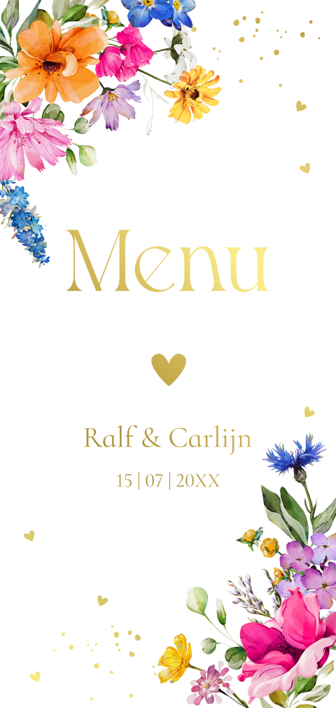 Menukaart langwerpig huwelijk wit fleurige bloemen goudfolie