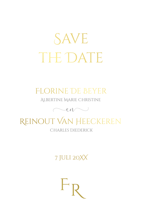 Klassieke Save the Date kaart wit met initialen logogoudfolie