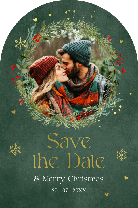 Save the Date kerstkaart boog foto kerstkrans groen goudfolie