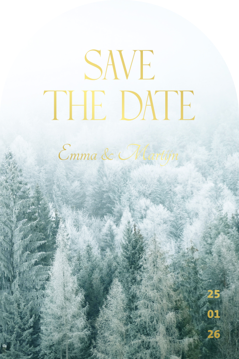 Save the Date kaart boog vorm winterwedding landschap bos goudfolie