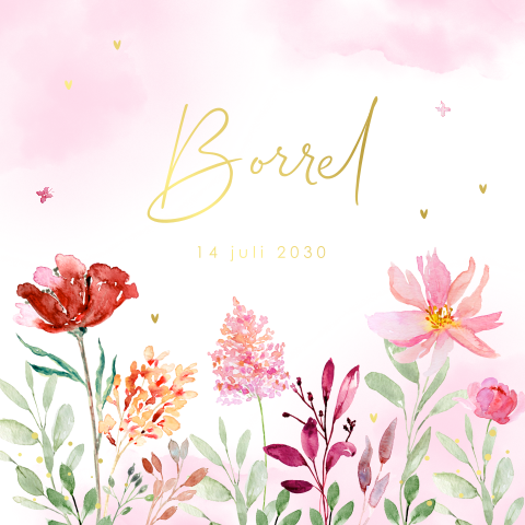 Kraamborrelkaart meisje roze waterverf bloemen goudfolie