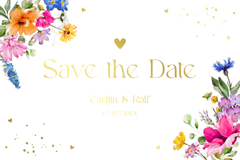 Save the Date kaart fleurige bloemen goudfolie
