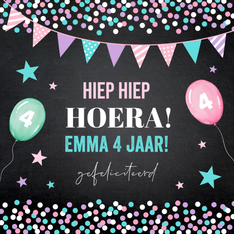 Verjaardagskaart meisje slinger confetti balonnen