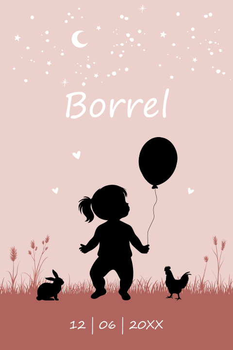 Babyborrel kaartje meisje silhouet ballonnen roze