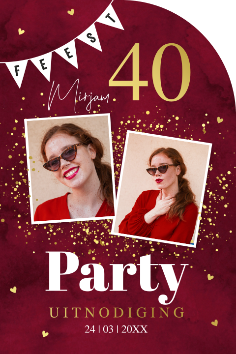 Uitnodiging verjaardag 40 jaar vrouw foto rood boog goudfolie