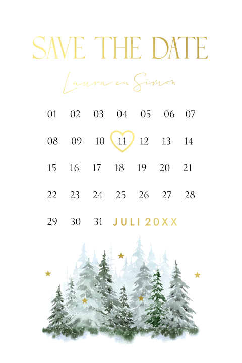 Save the Date kerstkaart kalender forrest bomen bos groen goudfolie