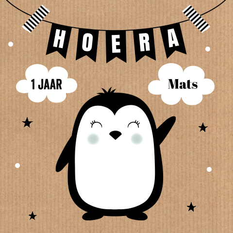 Verjaardagskaart kind 1 jaar dieren pinguin slinger kraftlook
