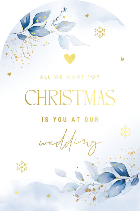 Kerst trouwkaart blauw boog floral bladeren watercolour goudfolie