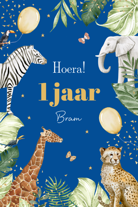 Verjaardagskaart kind 1 jaar jungle safari dieren blauw ballonnen