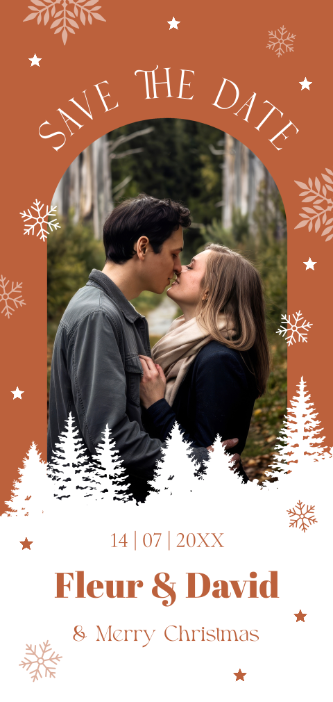 Save the date kerstkaart met foto boog roze sneeuwvlokken