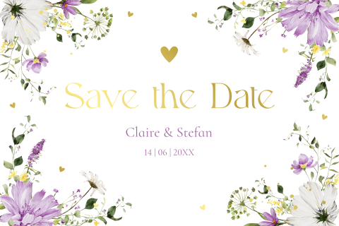 Save the Date kaart bloemen paars goudfolie