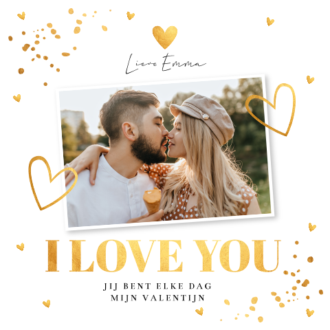 Valentijnskaart wit foto goudlook confetti