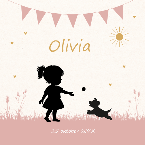 Poster geboortekaartje silhouet meisje hondje slinger roze
