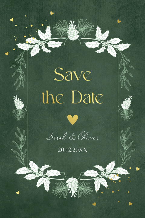 Save the Date kaart winter wedding groen kerstkrans goudfolie