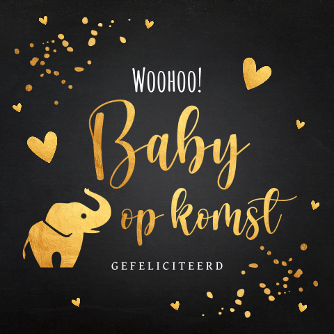 Felicitatie kaart zwangerschap olifantje hartjes zwart goudlook