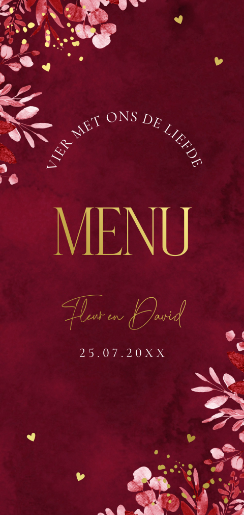 Menukaart huwelijk langwerpig floral rood leaves goudfolie