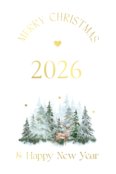 Kerstkaart wit boog kerstbomen winterlandschap groen goudfolie