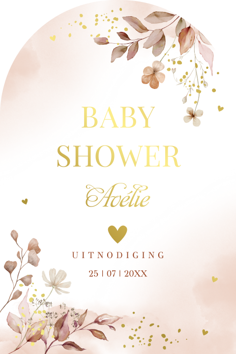 Babyshower uitnodiging boog bloemen goudfolie