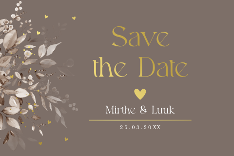 Save the Date kaart bruin taupe floral bladeren goudfolie