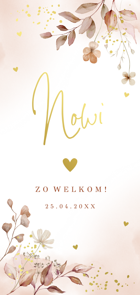 Geboortekaartje meisje bloemen terracotta beige goudfolie