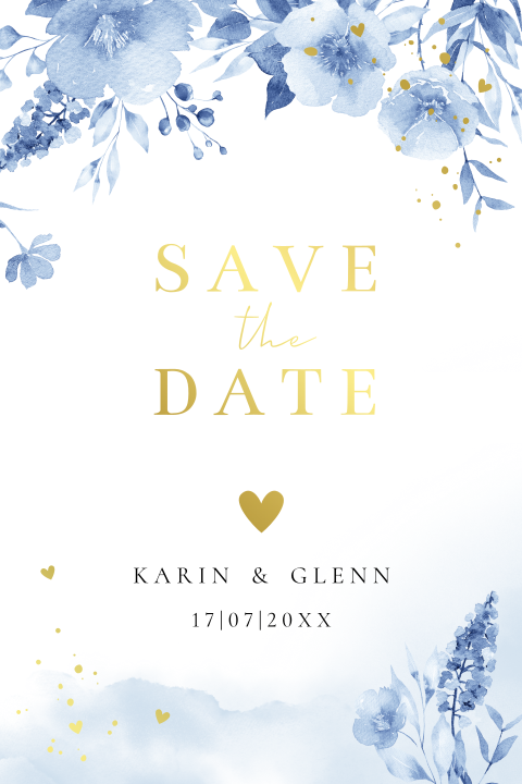 Save the Date kaart watercolour bloemen blauw goudfolie