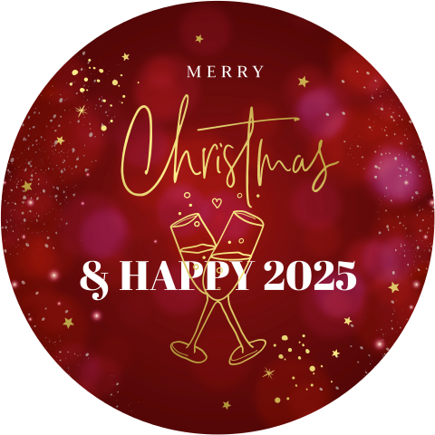 Kerstkaart rond rood spetters champagneglazen 2025 goudfolie
