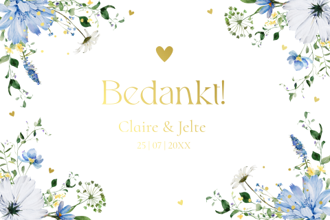 Bedankkaart huwelijk veldbloemen blauw goudfolie