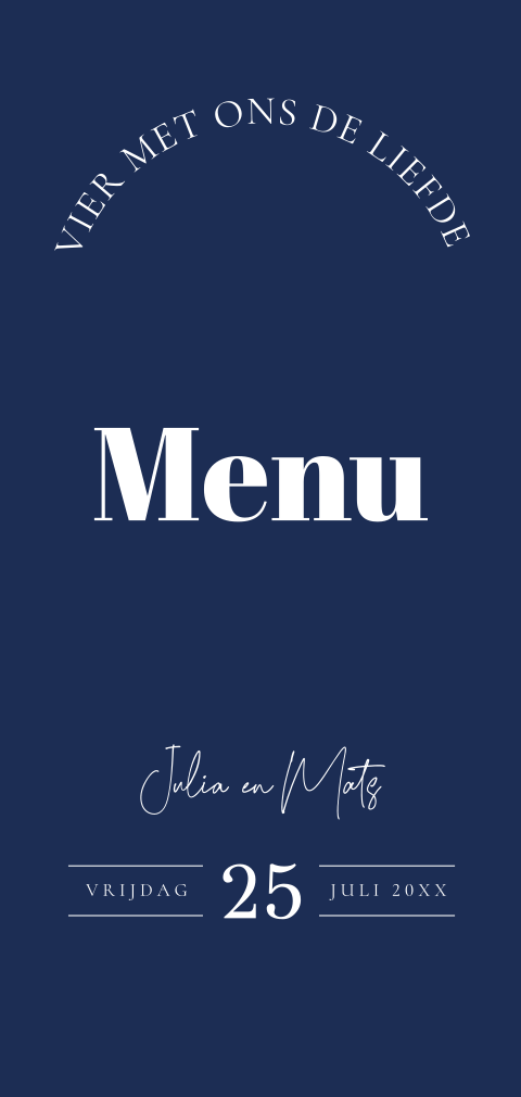 Menukaart huwelijk donkerblauw modern typografie