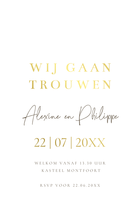 Klassieke trouwkaart wit met goudfolie en gaatje voor een lint