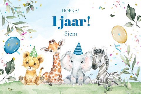 Verjaardagskaart kind 1 jaar jongen jungle dieren ballonnen