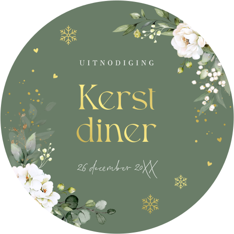 Kerstdiner uitnodiging rond groen bloemen sneeuwvlokken goudfolie