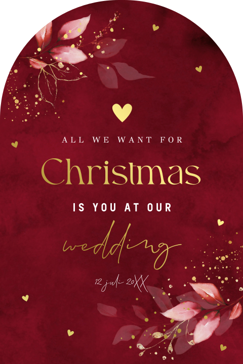 Save the Date kerstkaart rood boog goudfolie floral botanisch