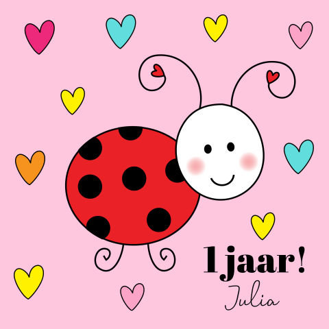 Verjaardagskaart kind meisje 1 jaar lieveheersbeestje hartjes roze
