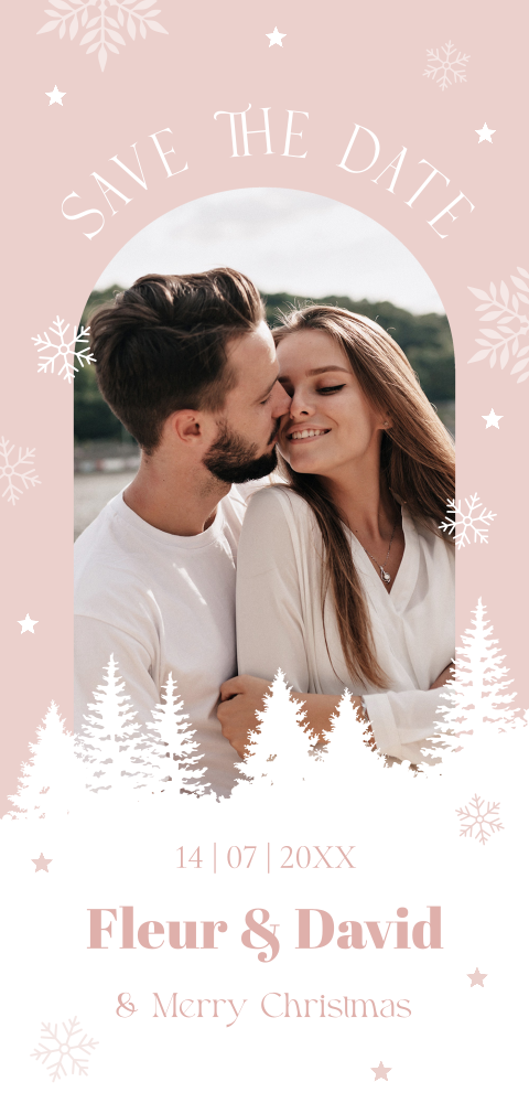 Save the date kerstkaart met foto boog roze sneeuwvlokken