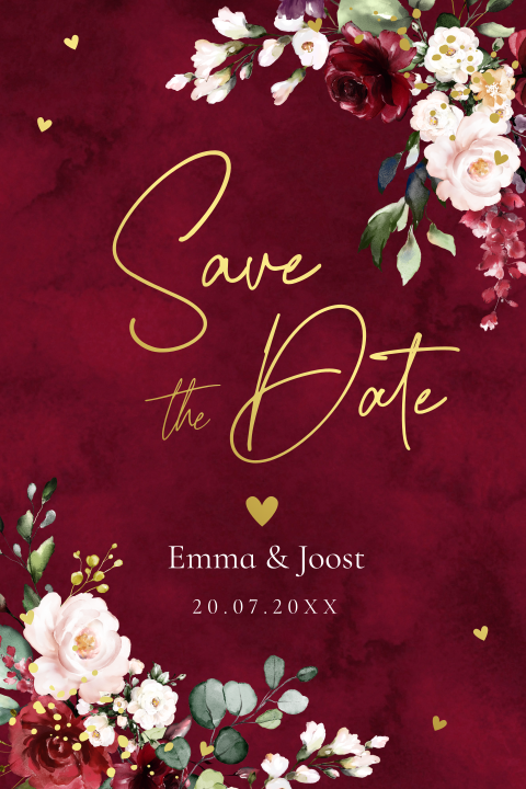 Stijlvolle Save the date kaart rood bloemen goudfolie