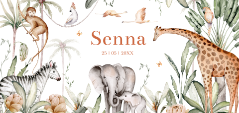Geboortekaartje jungle dieren panorama beige