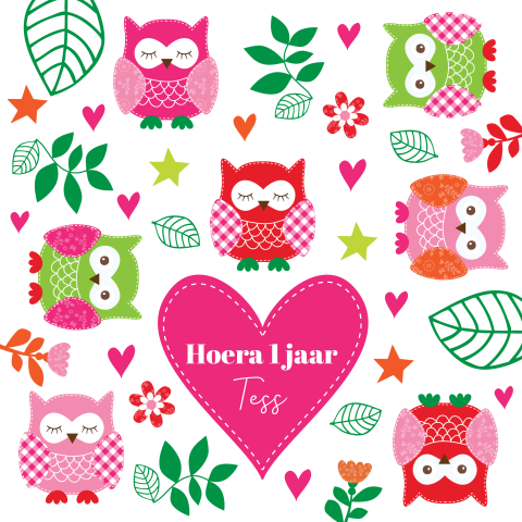 Verjaardagskaart kind 1 jaar meisje roze uiltjes