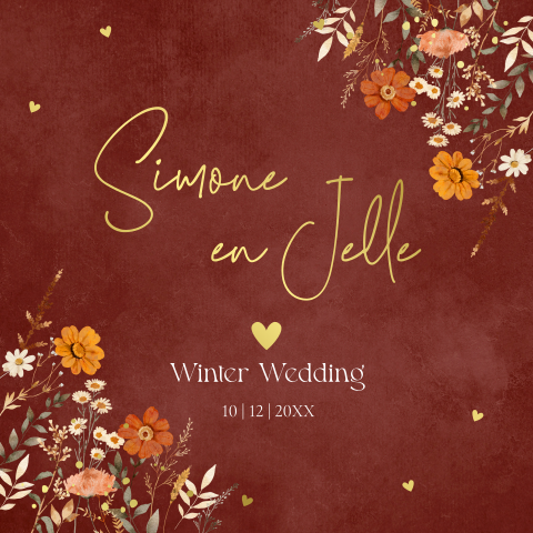 Winter wedding trouwkaart roodbruin bloemen goudfolie