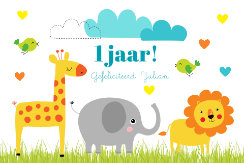 Verjaardagskaart kind 1 jaar jungle safari dieren