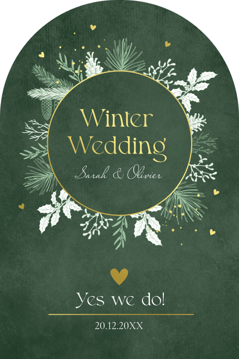 Trouwkaart winter wedding groen kerstkrans goudfolie boog