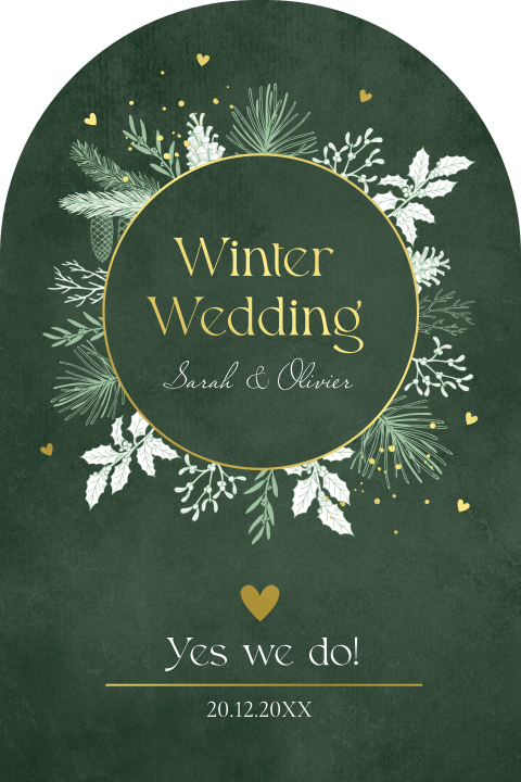 Trouwkaart winter wedding groen kerstkrans goudfolie boog