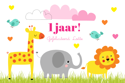 Felicitatie kaart kind jungle safari dieren meisje 1 jaar