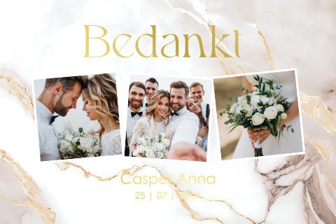 Bedankkaart huwelijk fotocollage marmerlook goudfolie