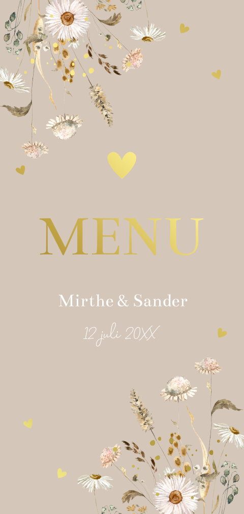 Menukaart huwelijk langwerpig beige bloemen goudfolie