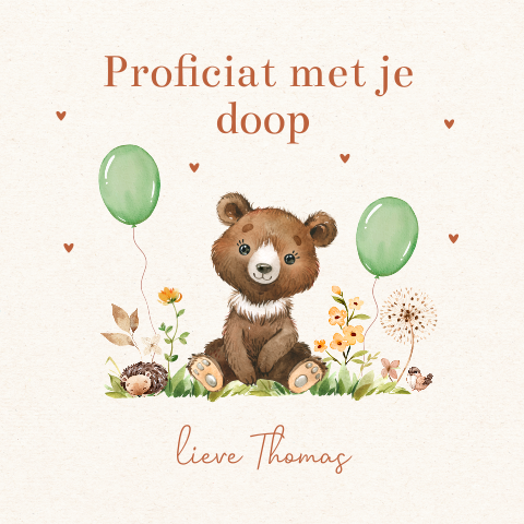 Felicitatie kaart doop jongen met beertje en ballonnen