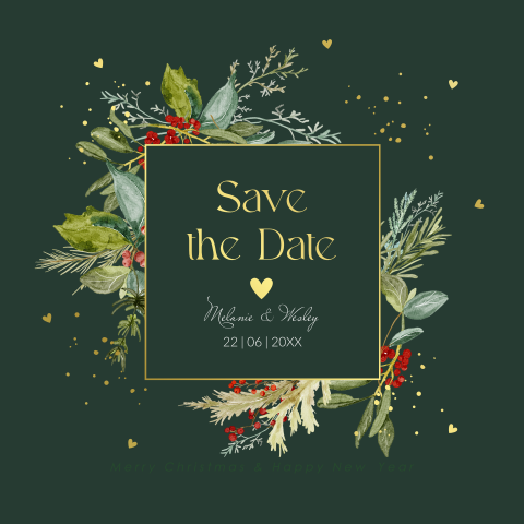 Save the Date kerstkaart kerstkrans groen bladeren goudfolie