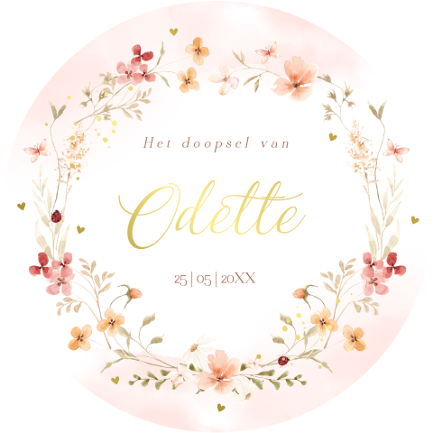 Doop uitnodiging rond meisje bloemenkrans roze goudfolie